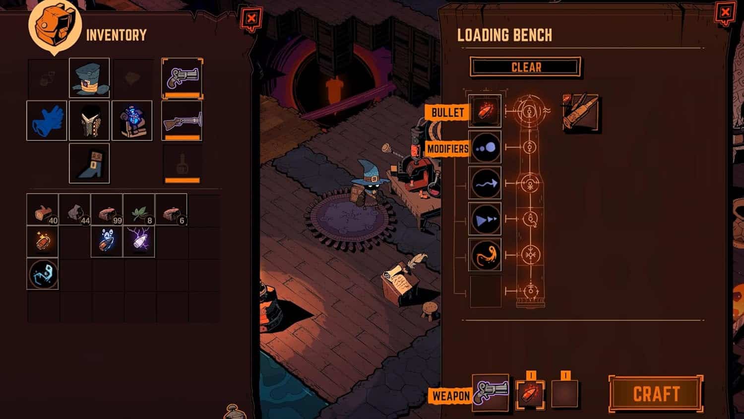 Gameware inventory and crafting interface with weapons and modifiers.