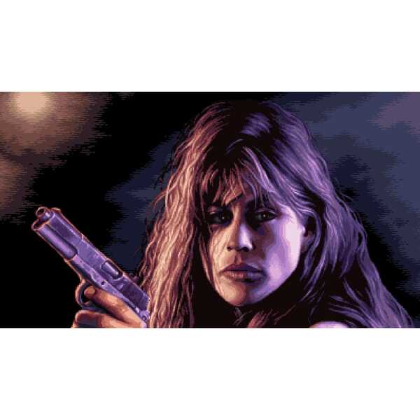 Pixel art of a female character holding a gun, showcasing vintage gaming style and detailed pixel de.
