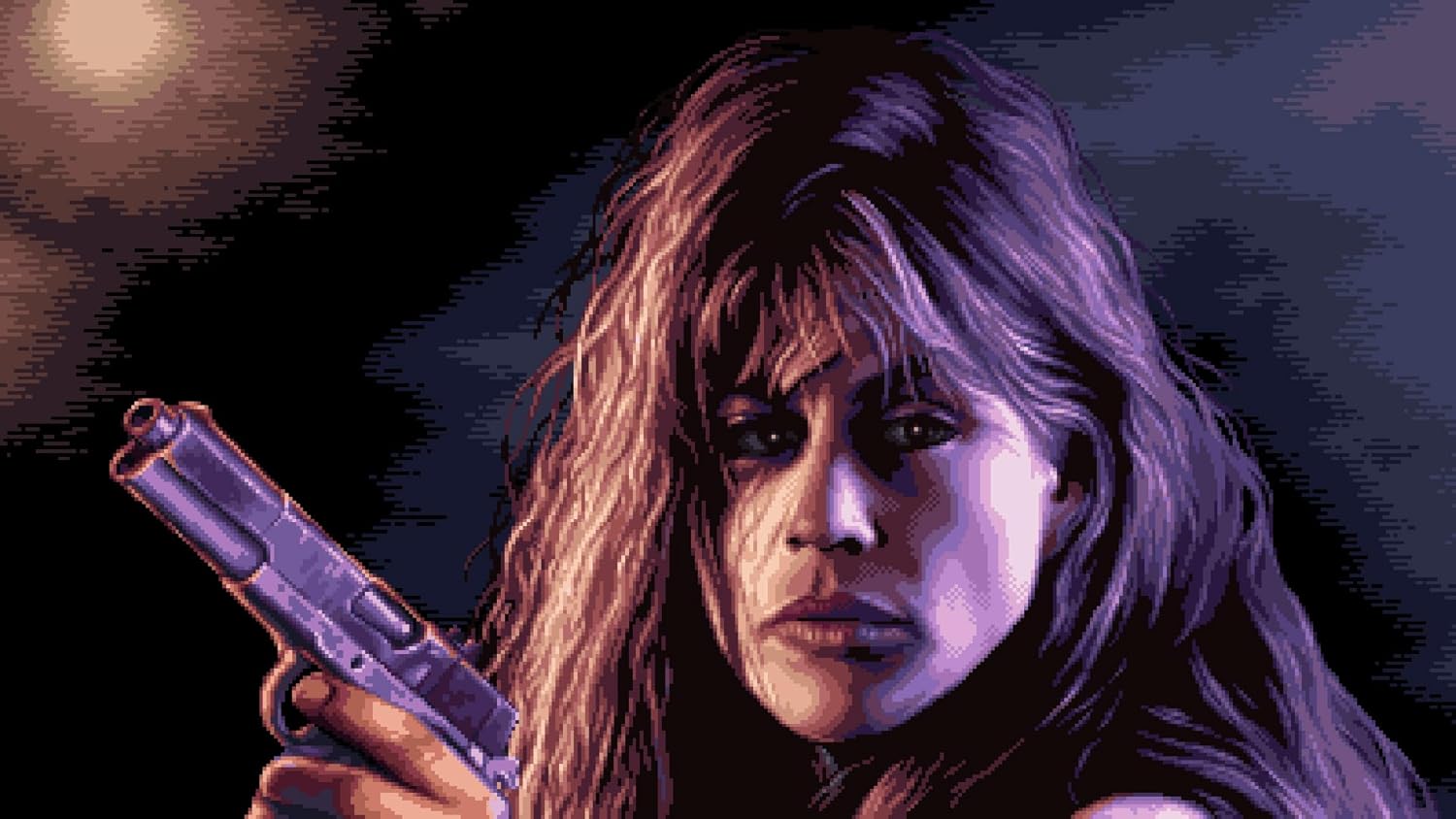 Pixel art of a female character holding a gun, showcasing vintage gaming style and detailed pixel de.