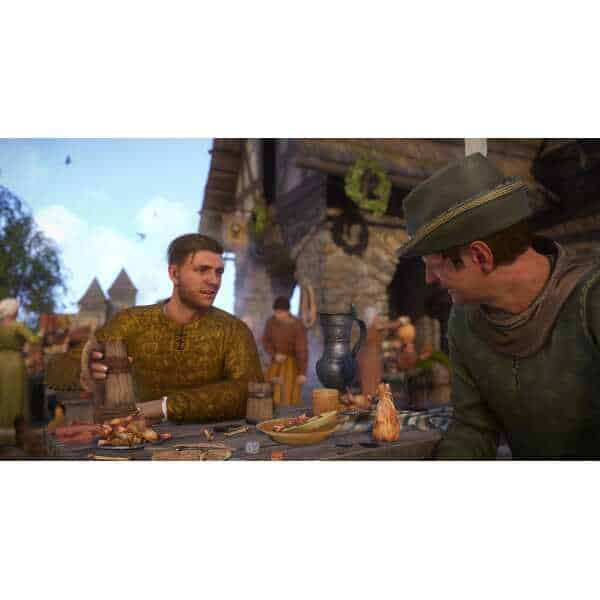 Medieval man at market table in Kingdom Come: Deliverance Royal Edition, engaging in conversation.