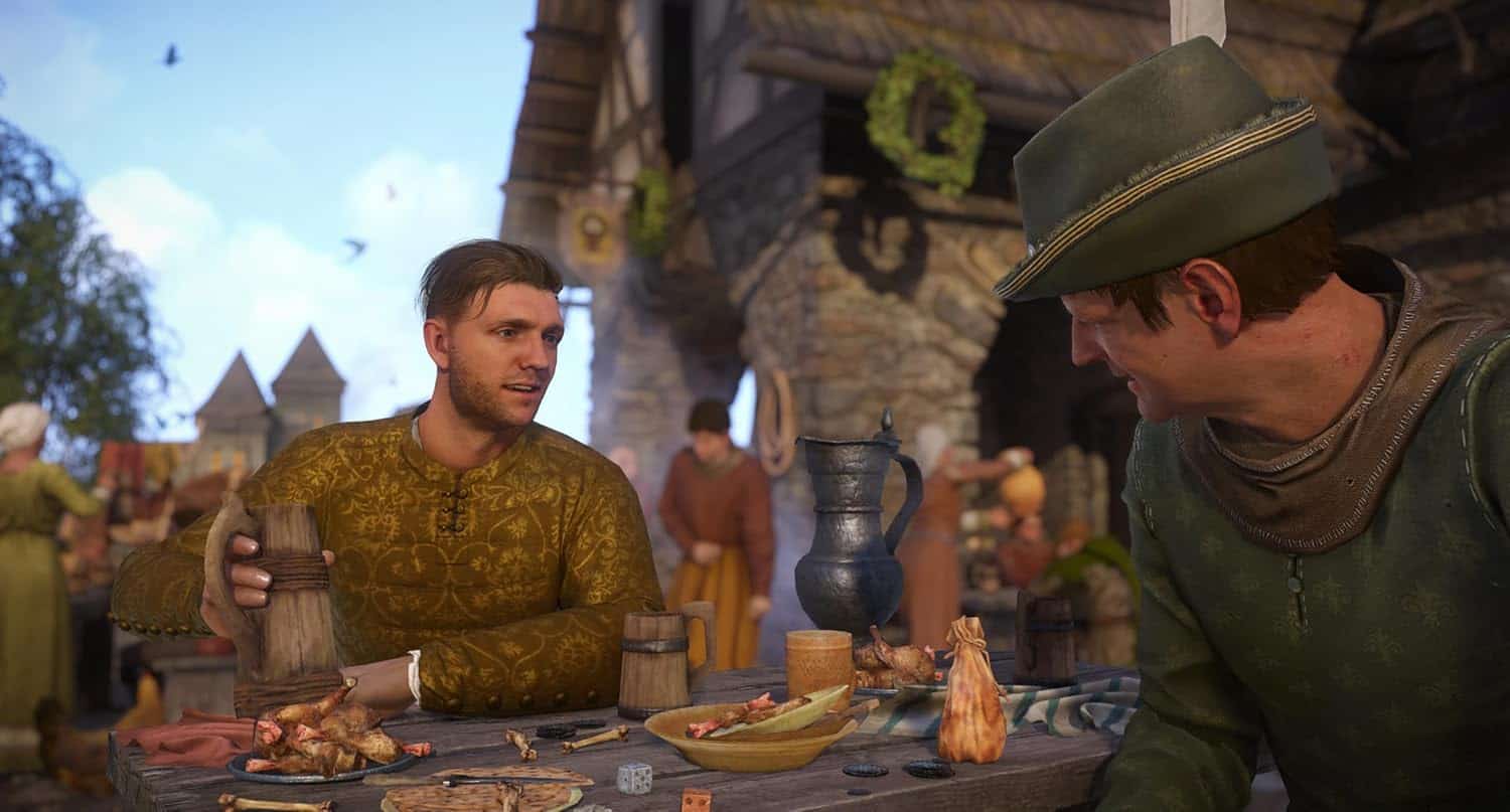 Medieval man at market table in Kingdom Come: Deliverance Royal Edition, engaging in conversation.