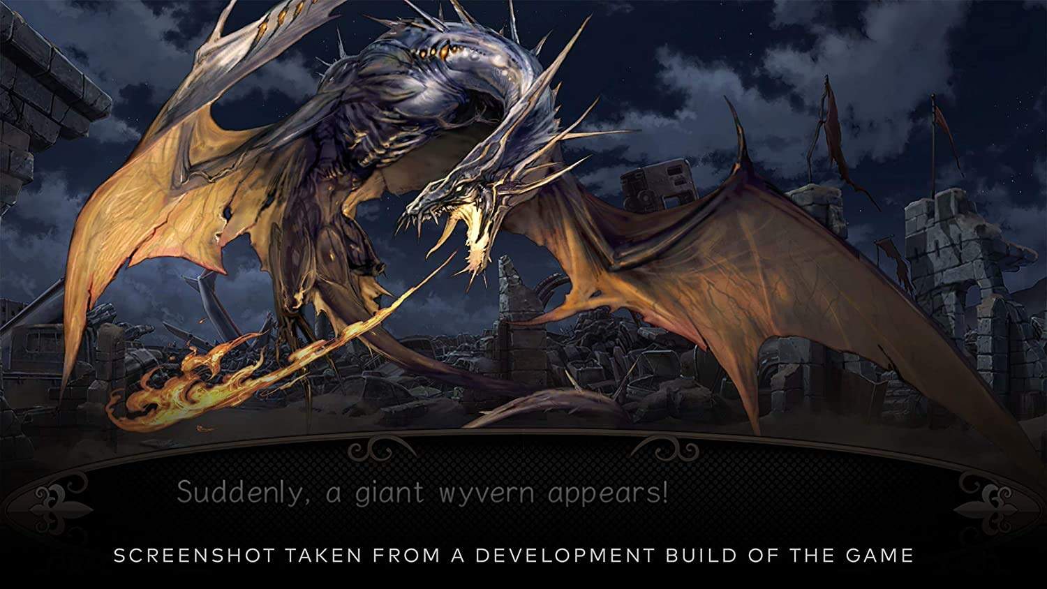 Epic dragon wyvern attacking in dark medieval cityscape at night.