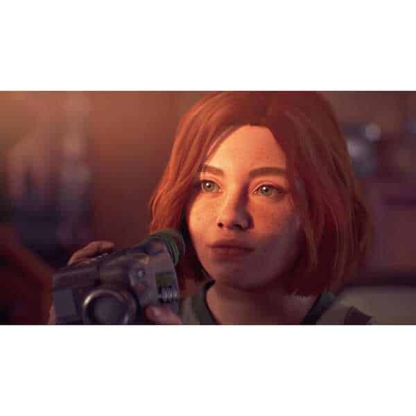 Female character with red hair holding a microphone in a game scene.