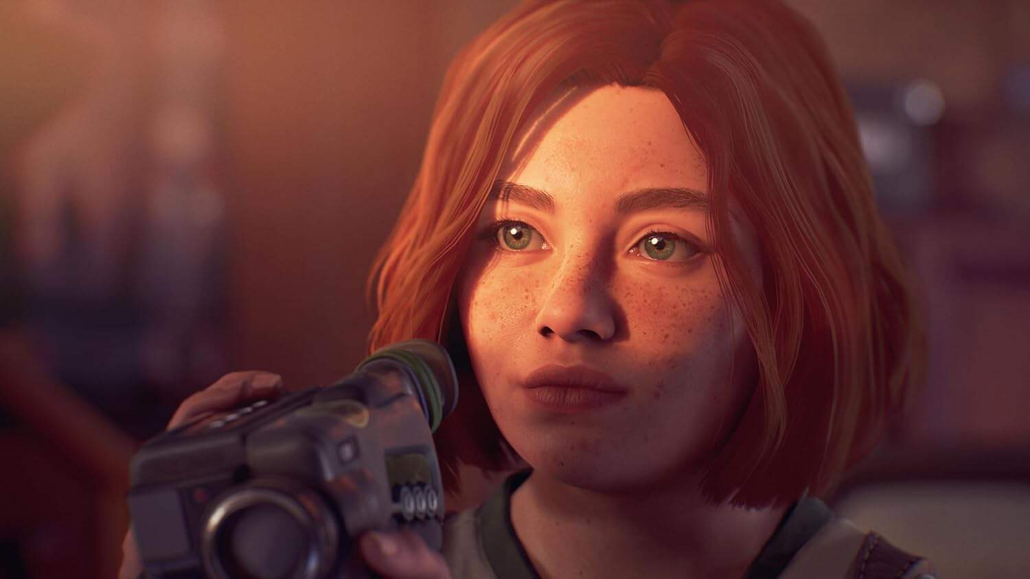Female character with red hair holding a microphone in a game scene.