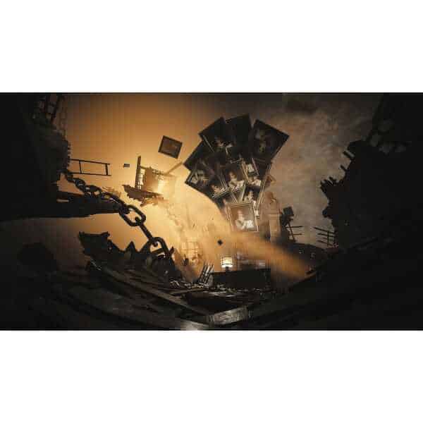 Dark, surreal scene from Layers of Fear game with floating photographs and eerie atmosphere.