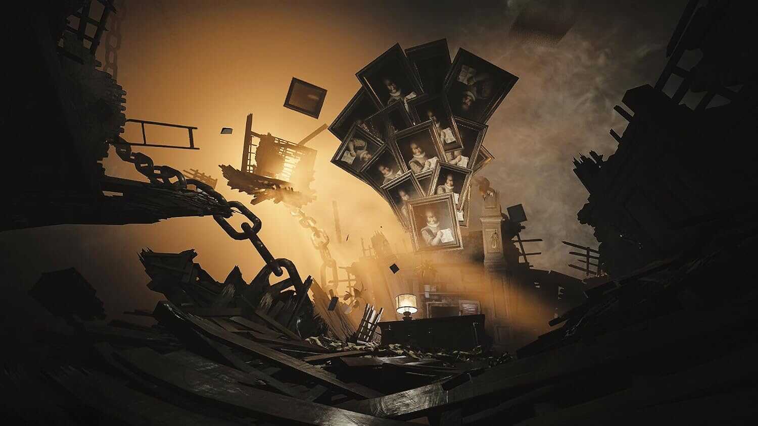 Dark, surreal scene from Layers of Fear game with floating photographs and eerie atmosphere.