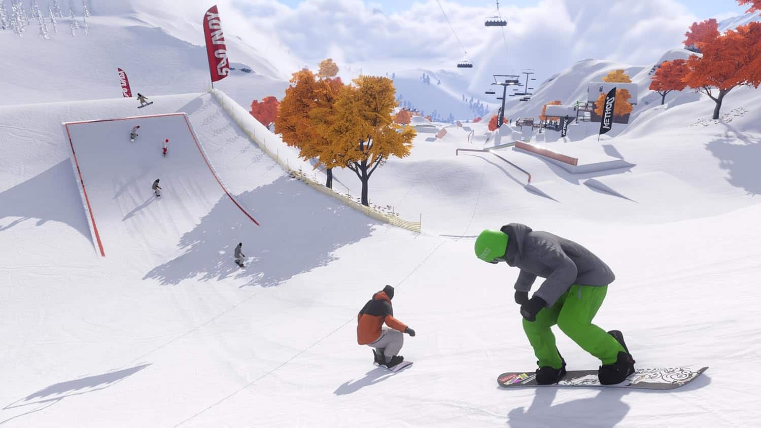 Snowboarding action at Shredders: Full Ride Edition with skiers and snowboarders on a snowy mountain.