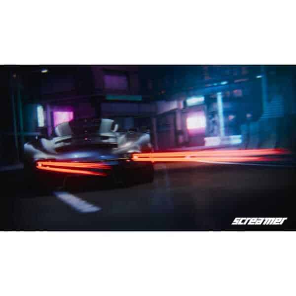 Car speeding through a neon-lit city at night, with motion blur and vibrant lights.