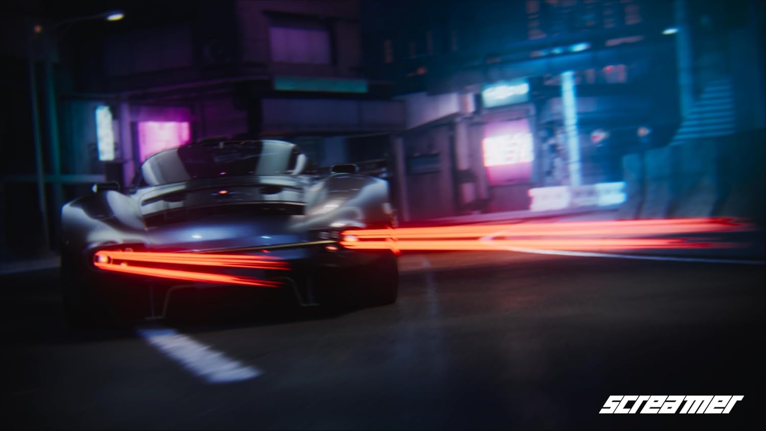 Car speeding through a neon-lit city at night, with motion blur and vibrant lights.
