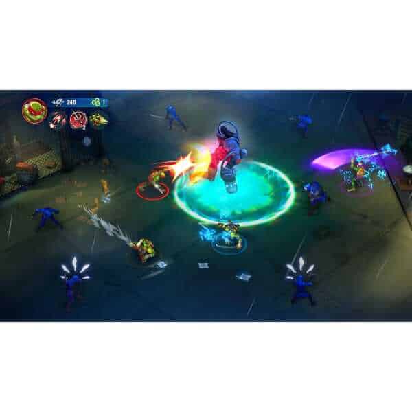 Action-packed multiplayer game scene with characters fighting on a vibrant, illuminated gaming arena.