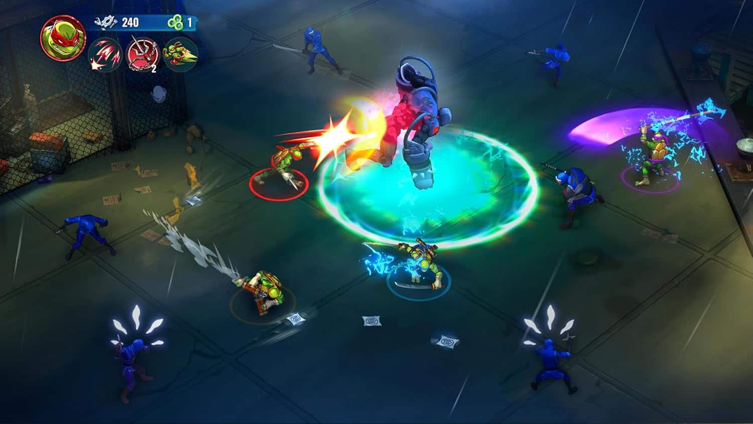 Action-packed multiplayer game scene with characters fighting on a vibrant, illuminated gaming arena.