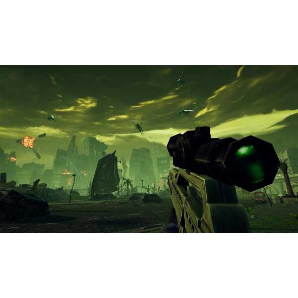 Alien invasion in a dystopian city with flying crafts and destruction.