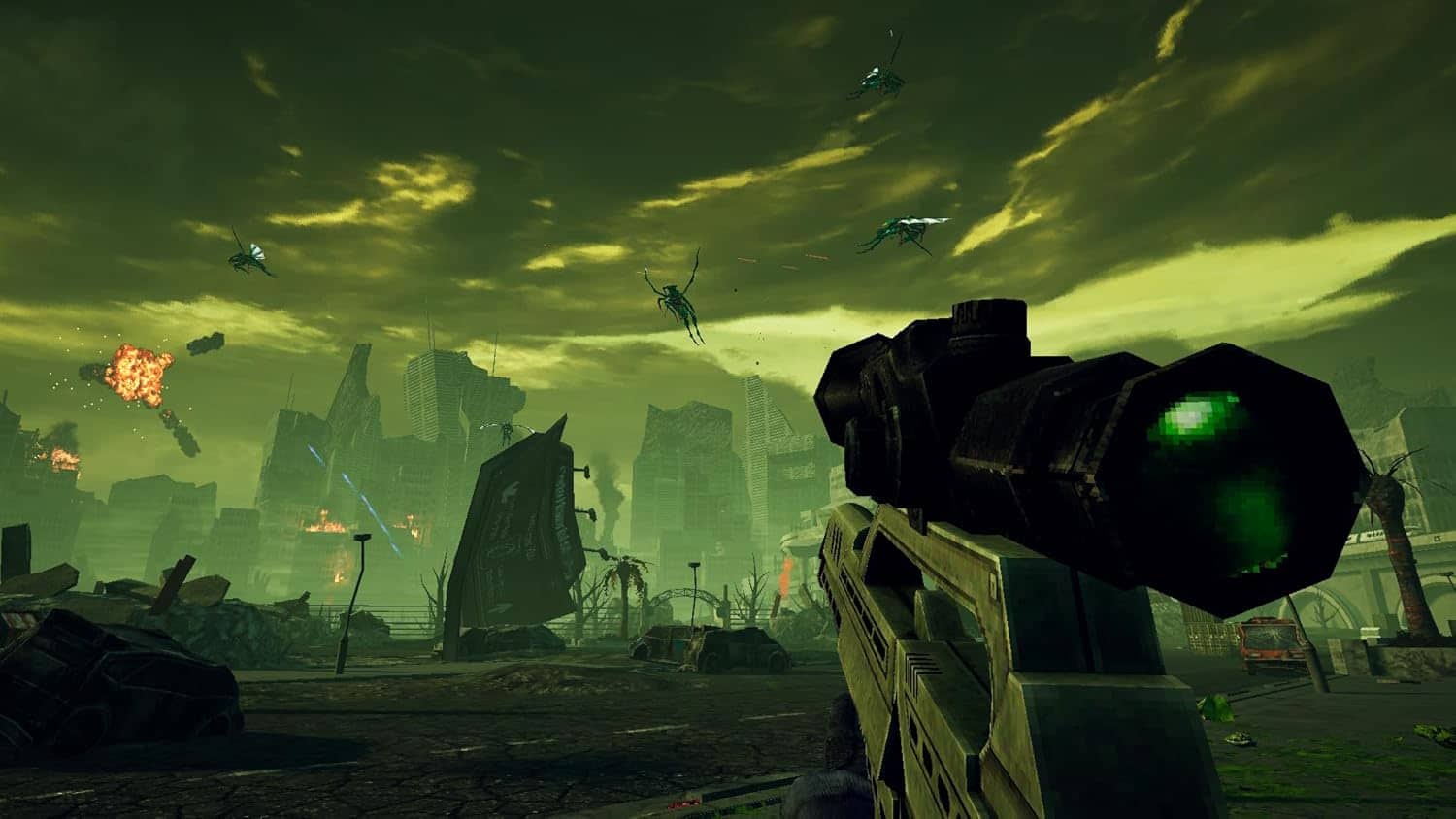 Alien invasion in a dystopian city with flying crafts and destruction.