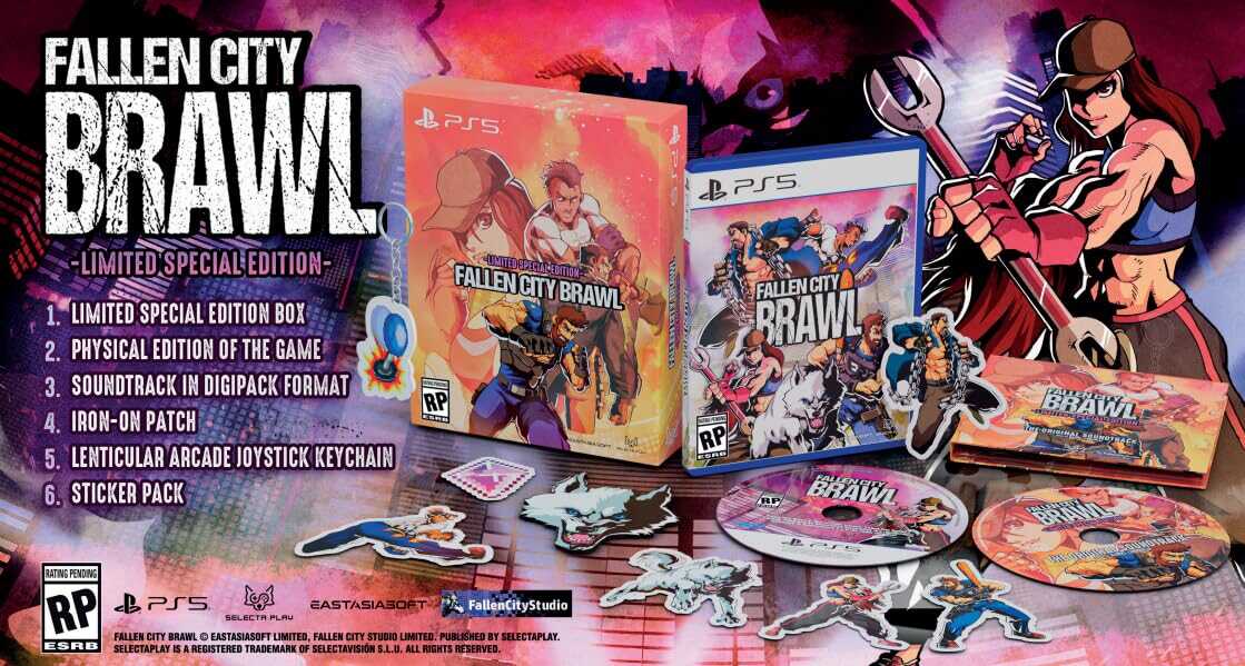 Fallen City Brawl limited edition game set with box, soundtrack, and accessories.