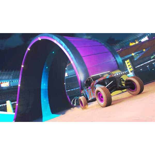 Custom off-road vehicle at a futuristic racing track with neon lighting.