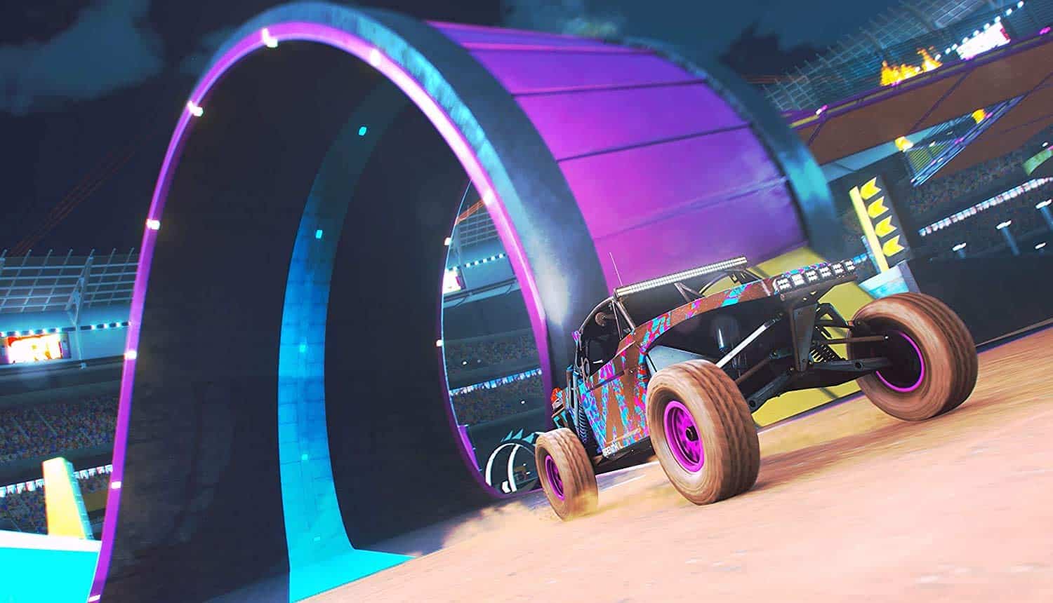 Custom off-road vehicle at a futuristic racing track with neon lighting.