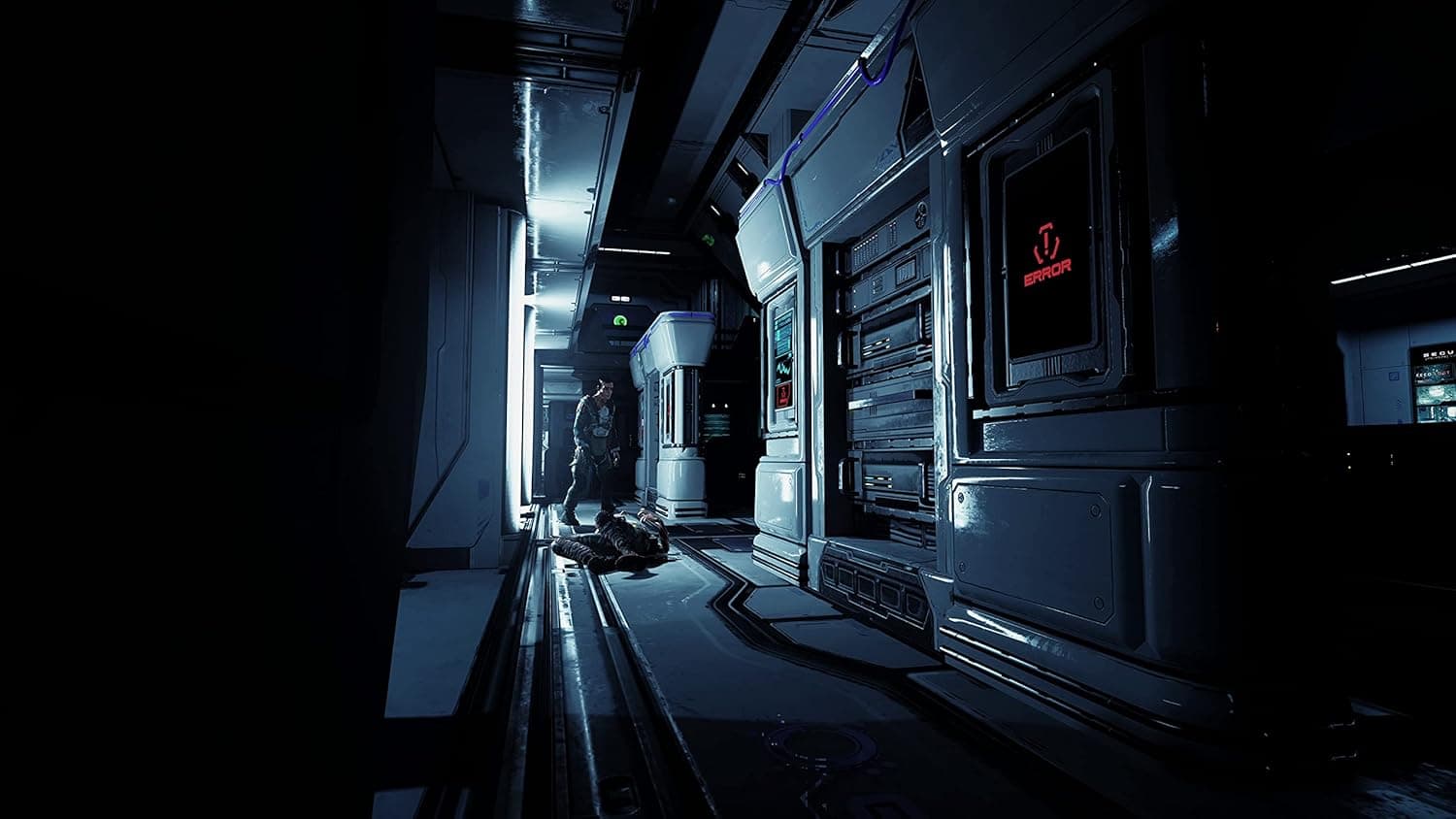 Interior of a high-tech space station with advanced machinery and lighting.