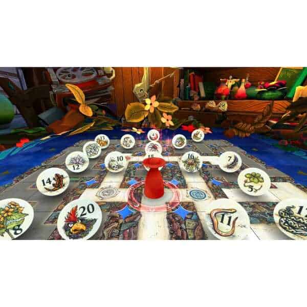 A game board with colorful tokens and a central red piece, set in a cozy, decorated room with plants.