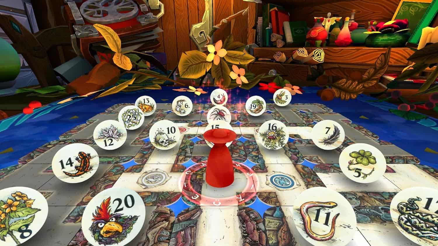 A game board with colorful tokens and a central red piece, set in a cozy, decorated room with plants.