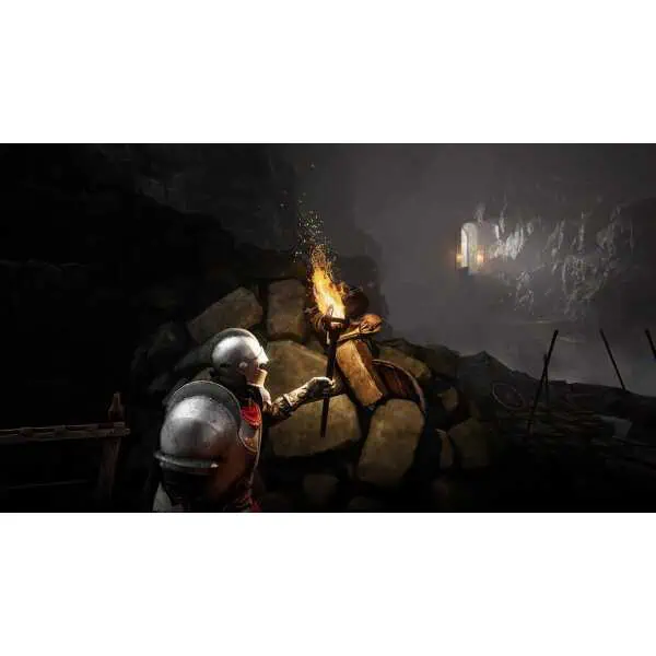 Ancient castle interior with torchlight, stone walls, and a knight in armor exploring the dark envir.