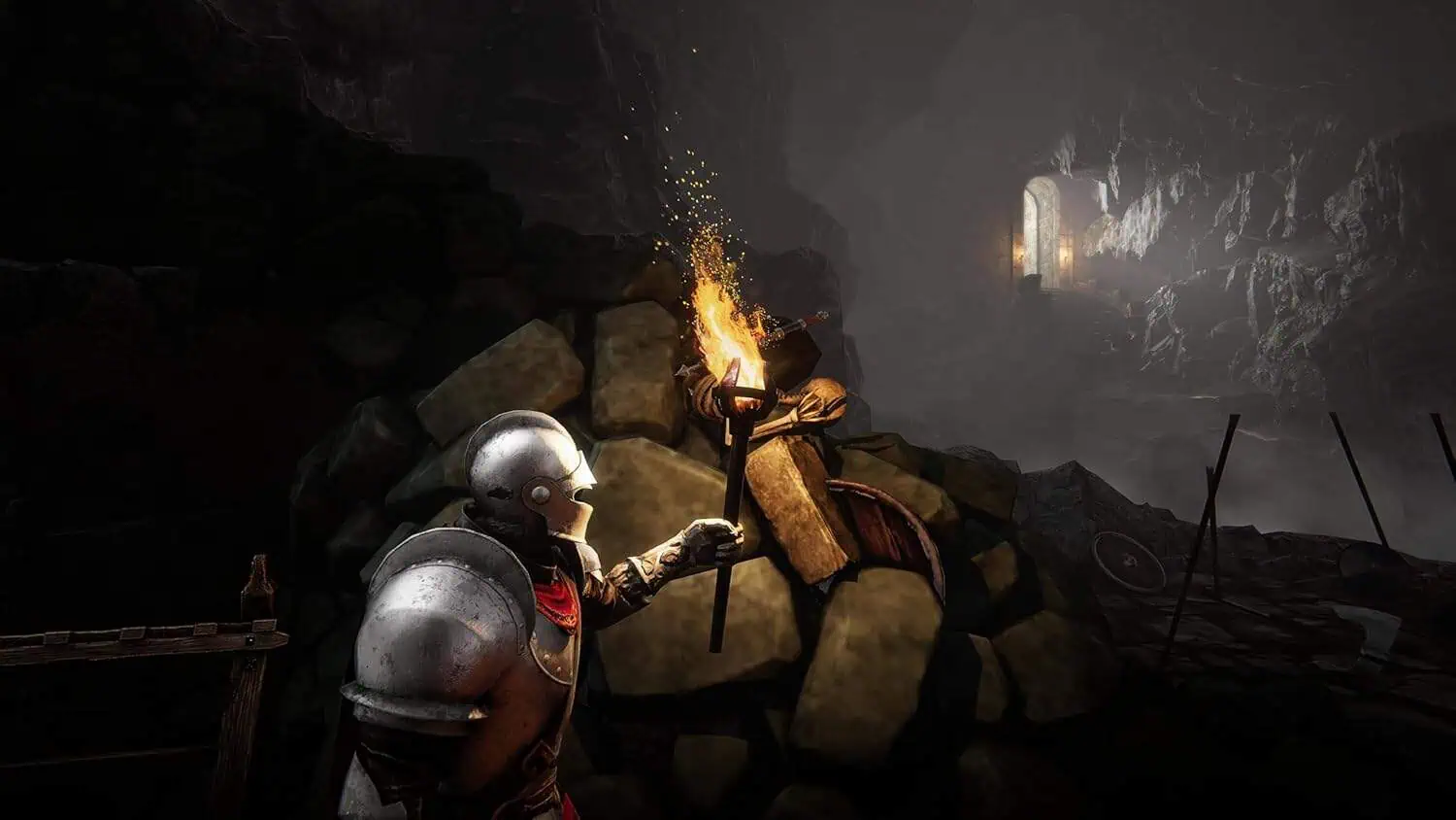 Ancient castle interior with torchlight, stone walls, and a knight in armor exploring the dark envir.