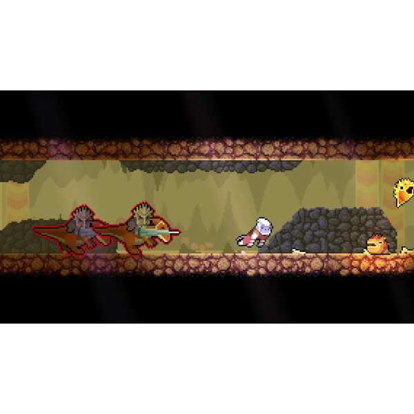 Pixel art scene from Dunjungle game with dinosaurs and birds.