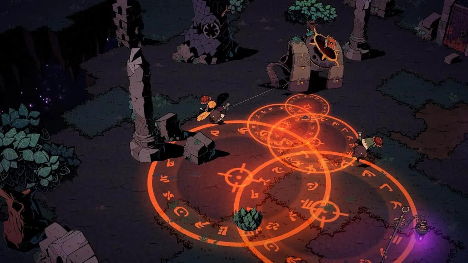 Enchanted forest with glowing magical symbols and spellcasters performing arcane rituals.