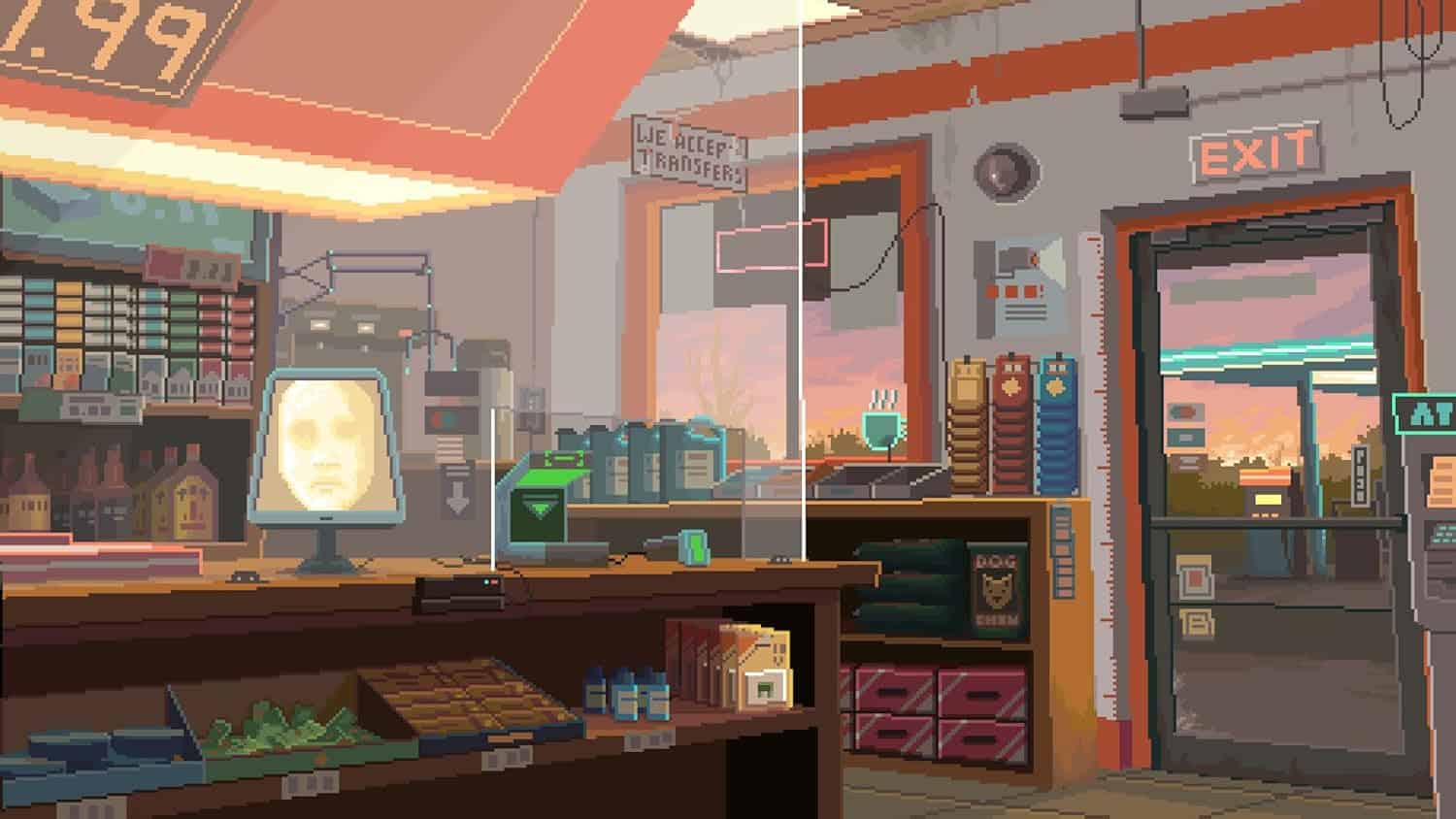 Indoor scene of a convenience store in NORCO with retro gaming and tech items.