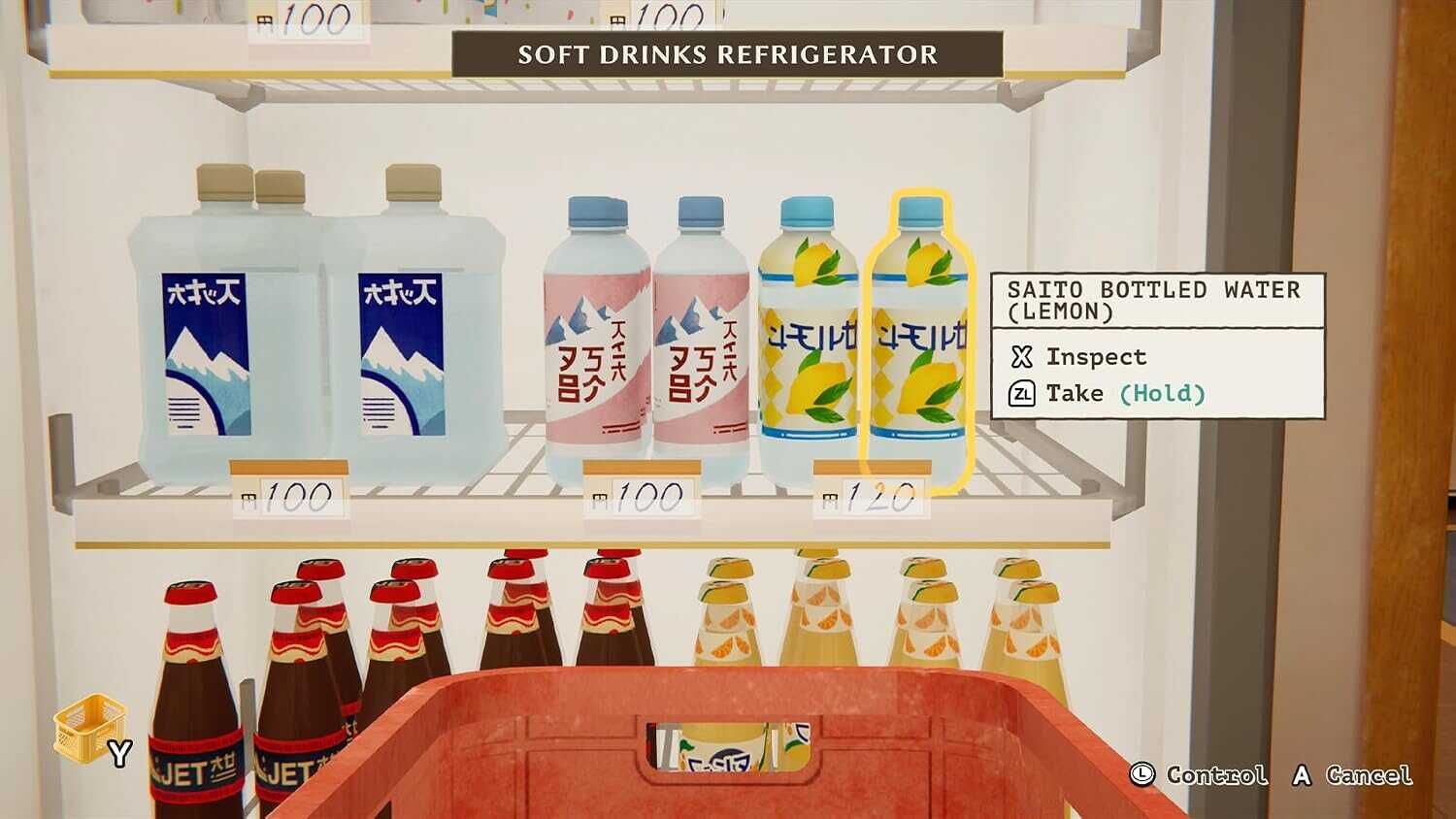 Soft drinks in a refrigerator with water, juice, and soda bottles.
