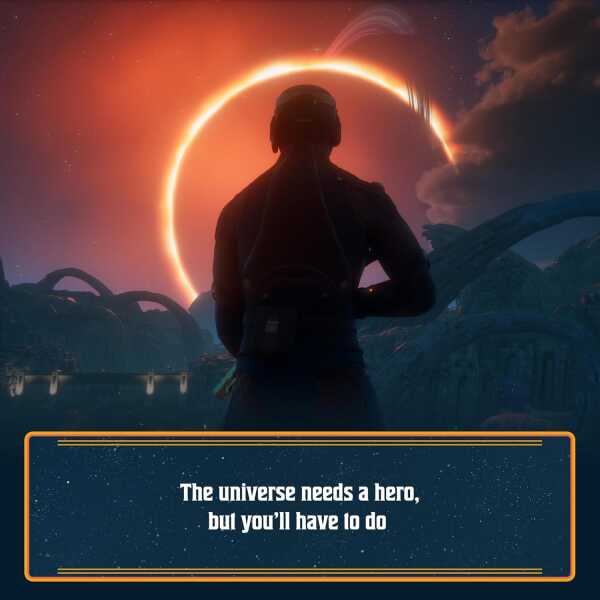 Character in space suit facing a solar eclipse in The Outer Worlds 2 game scene.