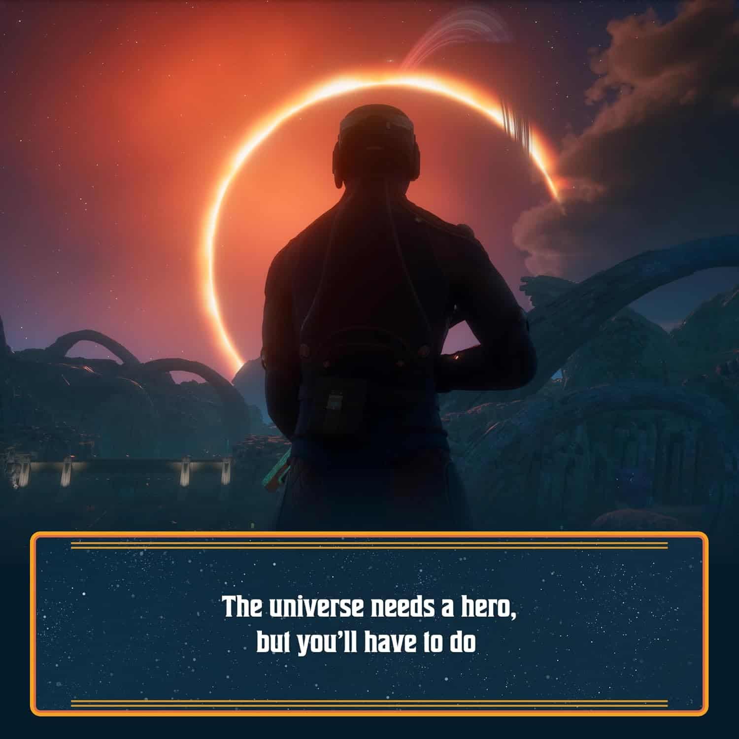 Character in space suit facing a solar eclipse in The Outer Worlds 2 game scene.