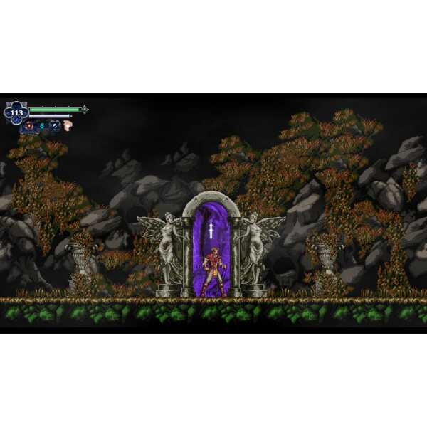 Fantasy game scene with hero at mystical portal surrounded by trees and rocks.