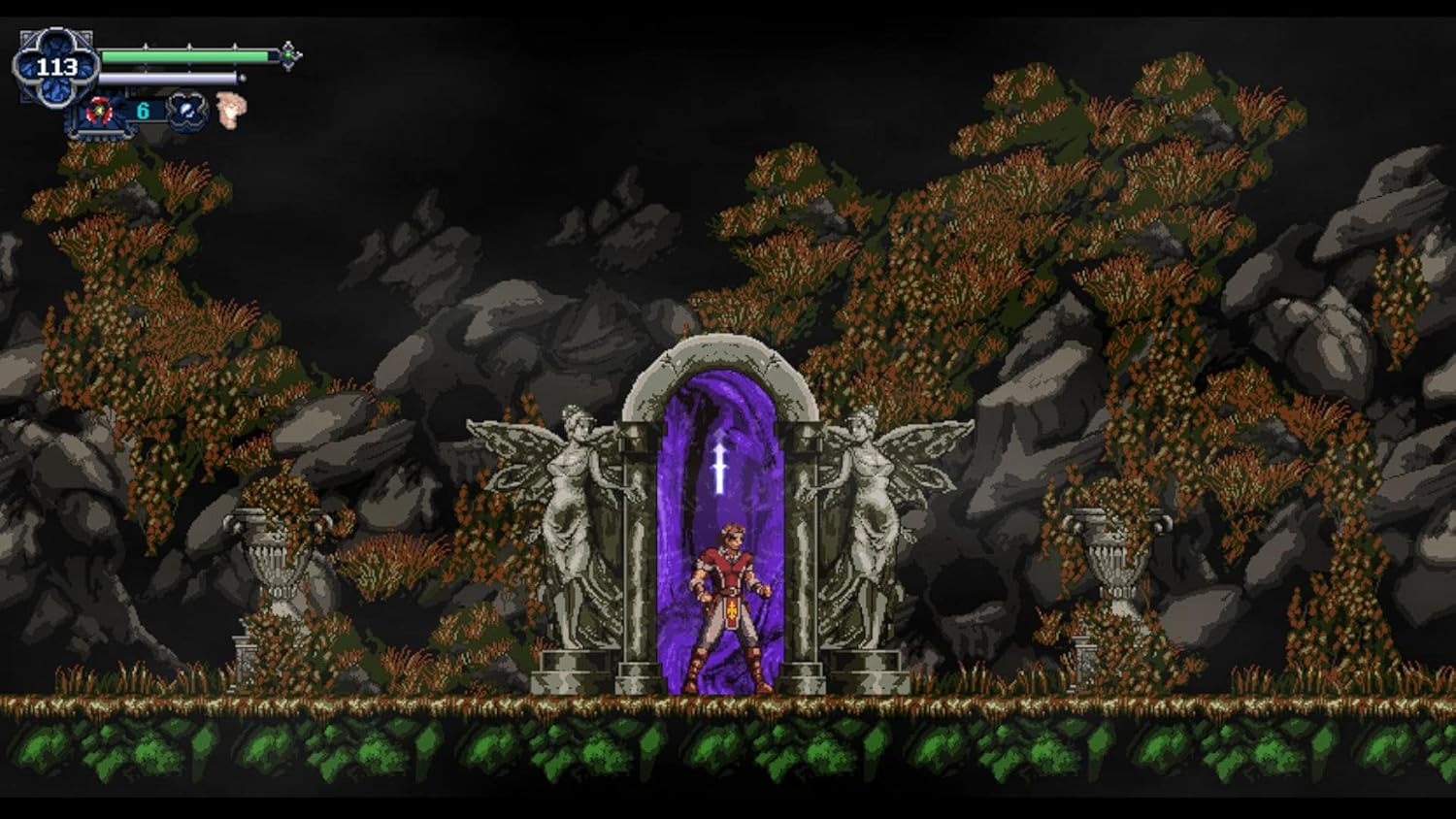 Fantasy game scene with hero at mystical portal surrounded by trees and rocks.