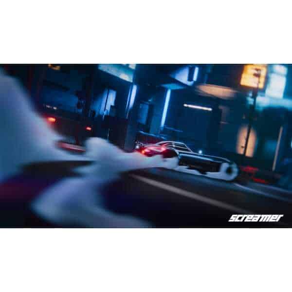 Futuristic racing game scene with neon lights and high-speed cars.