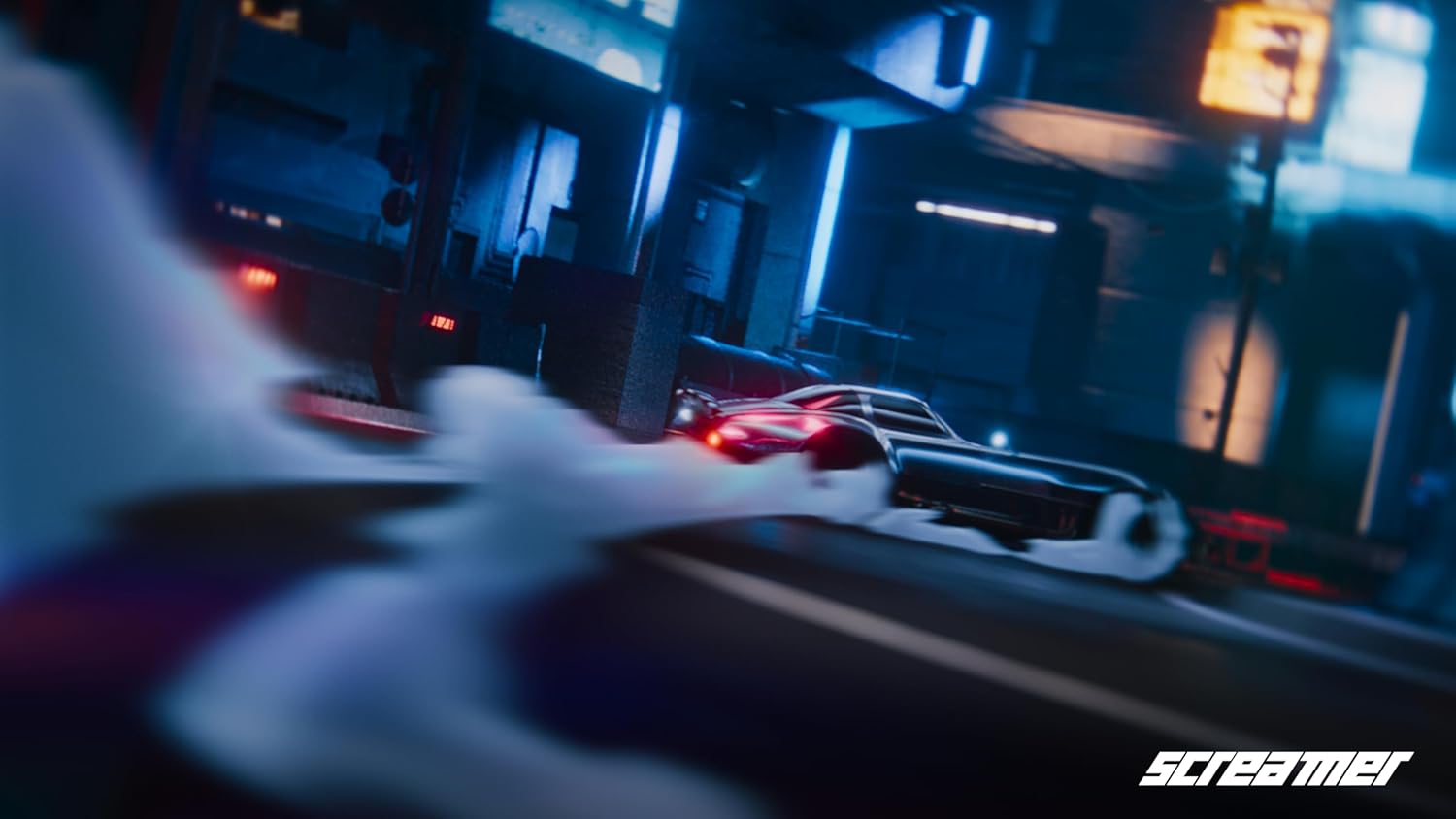 Futuristic racing game scene with neon lights and high-speed cars.