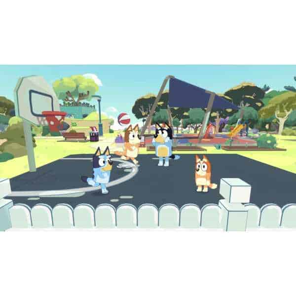 Cartoon cats enjoying basketball game at outdoor park with playground and trees.