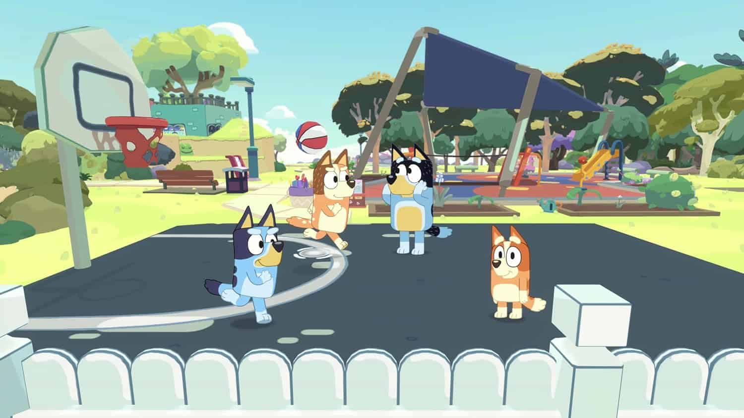 Cartoon cats enjoying basketball game at outdoor park with playground and trees.