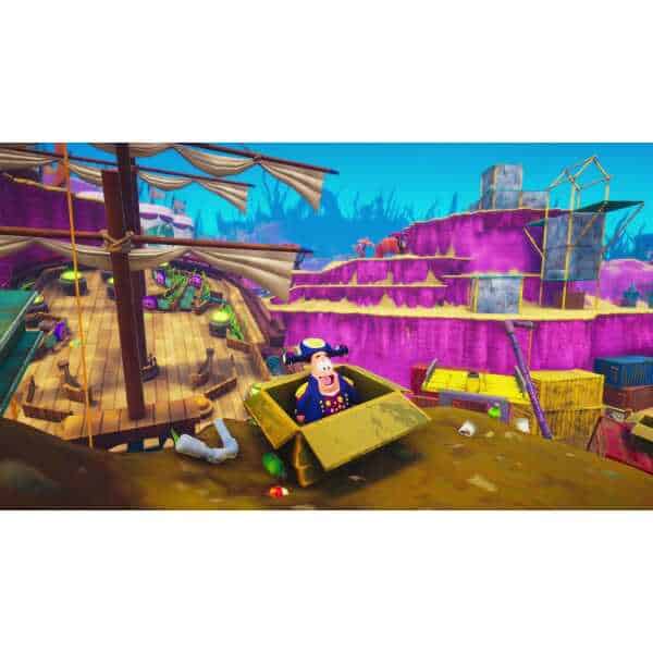 Colorful cartoon game scene with characters on a roller coaster and vibrant landscape.