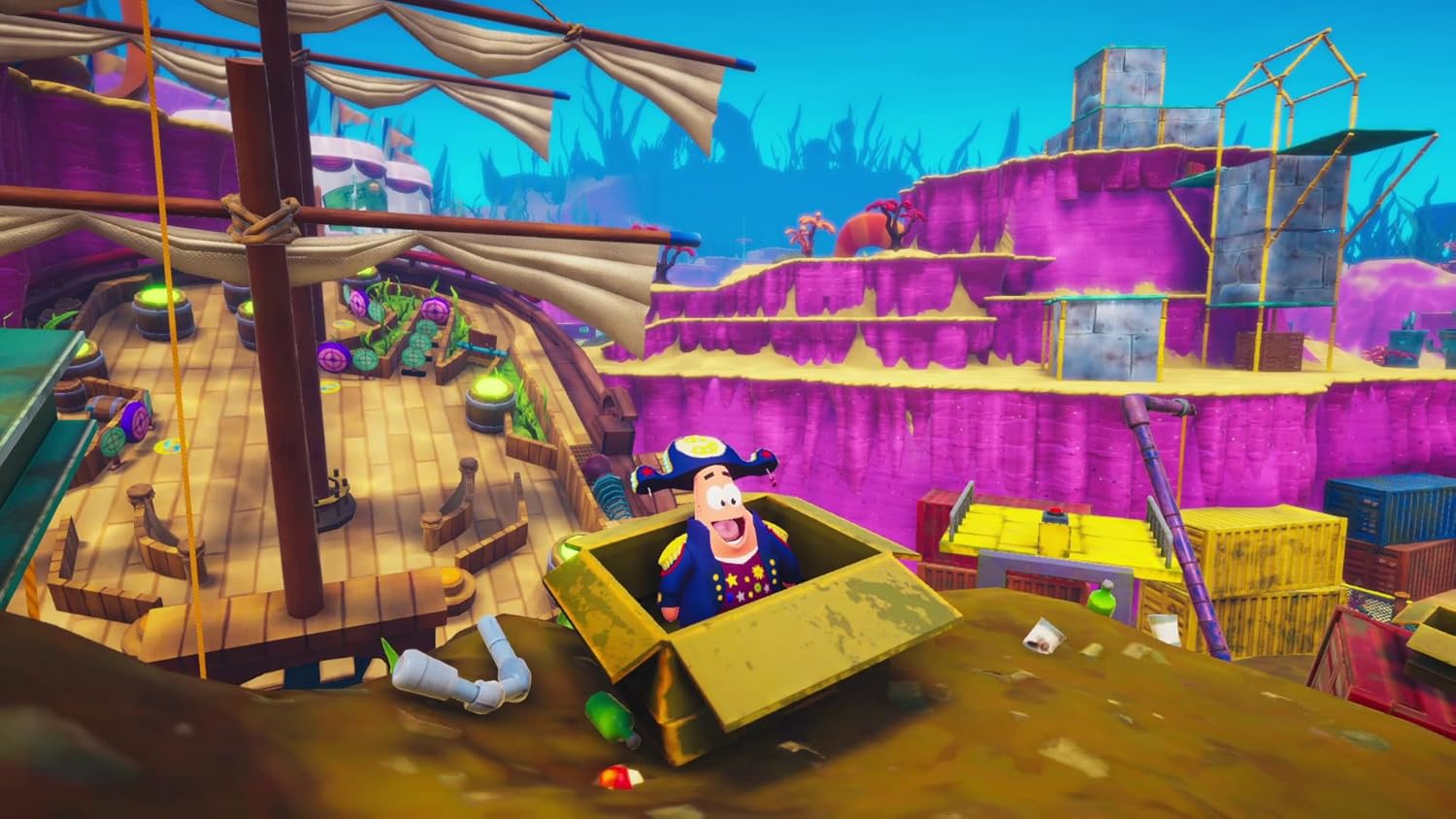 Colorful cartoon game scene with characters on a roller coaster and vibrant landscape.