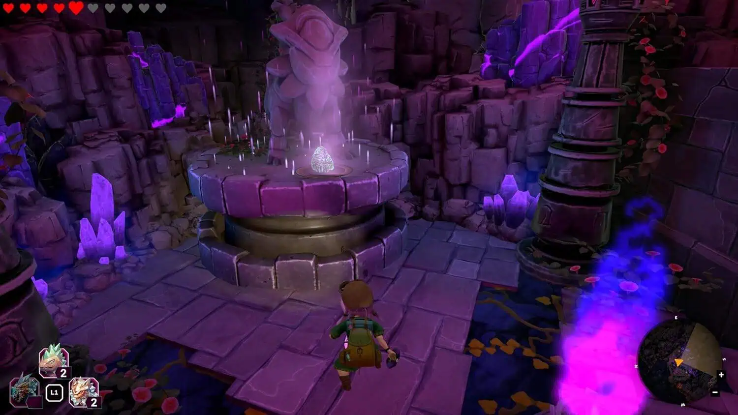 Mystical crystal fountain glowing with purple light in Azura's Crystals game scene.