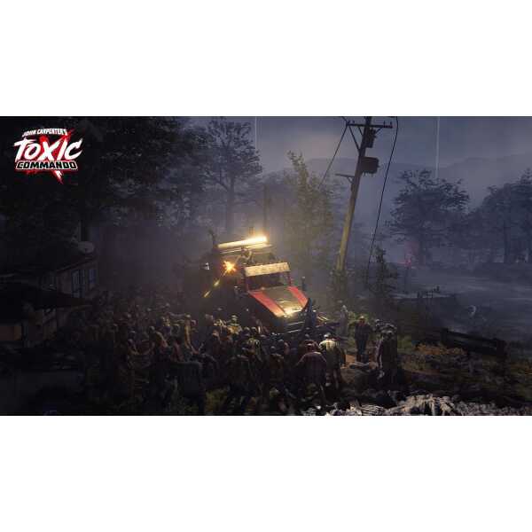 Post-apocalyptic scene with zombies and a vehicle in a dark forest setting.