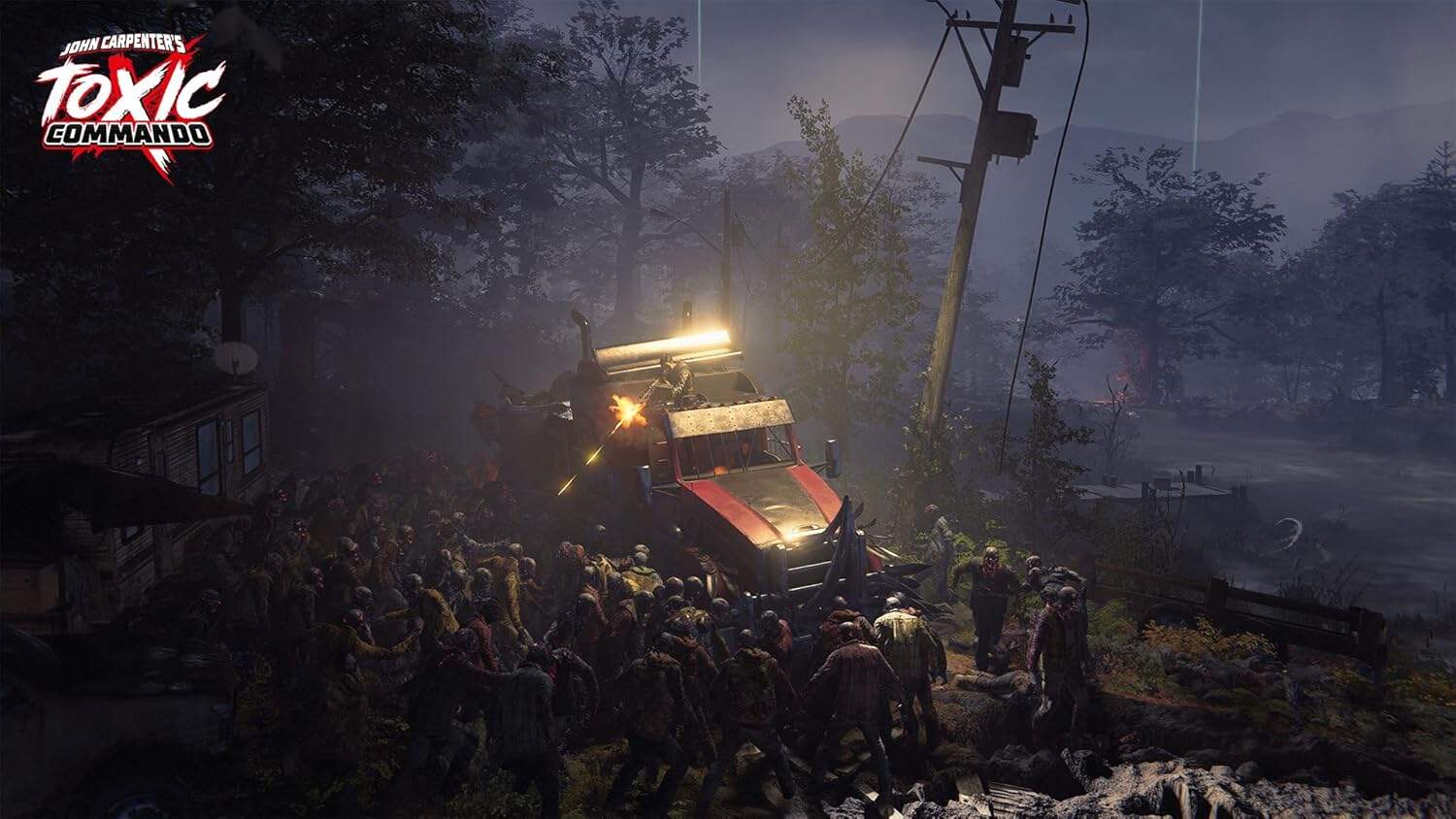 Post-apocalyptic scene with zombies and a vehicle in a dark forest setting.