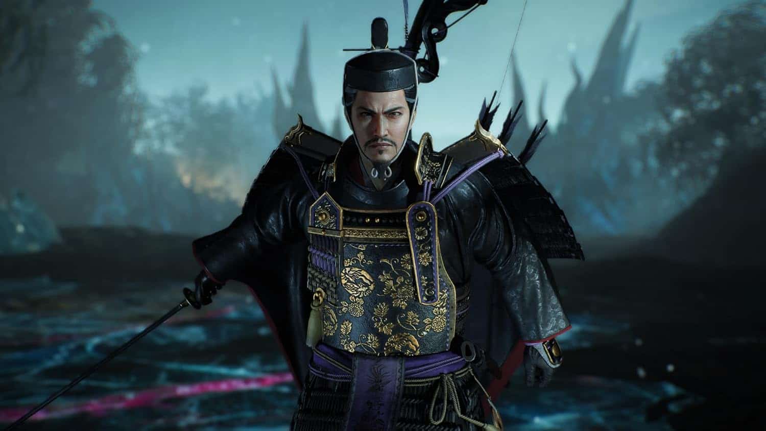 Character from Nioh 3 in detailed armor with a dark, misty background.