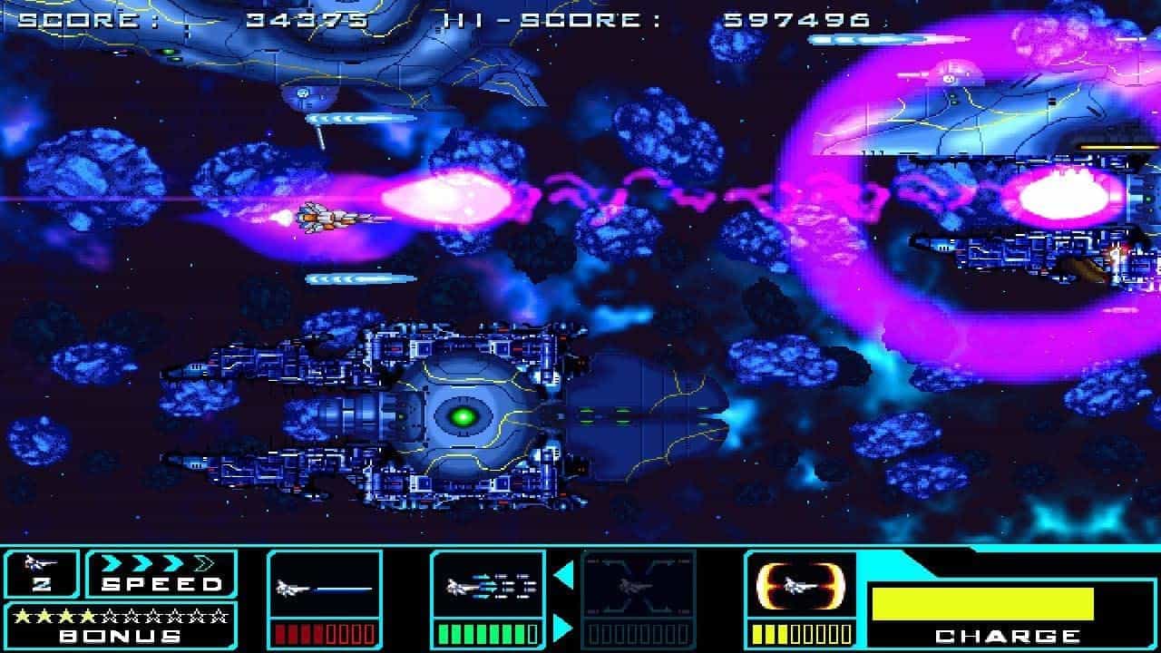 Classic arcade space shooter gameplay with vibrant visuals and intense battles.