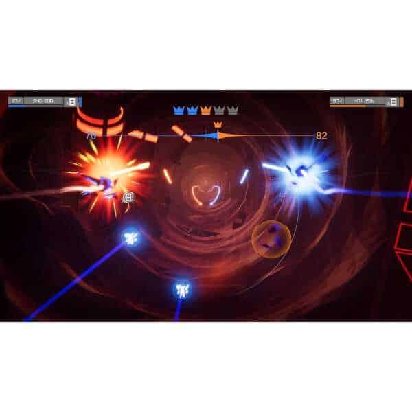 Dynamic space battle scene with colorful energy blasts and spacecrafts in combat.