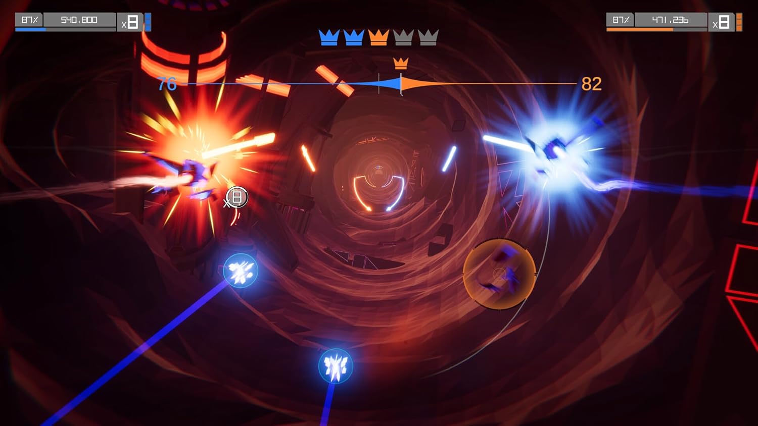 Dynamic space battle scene with colorful energy blasts and spacecrafts in combat.