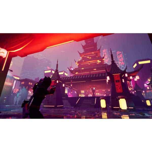 Cyberpunk city scene with neon lights and futuristic architecture at night.