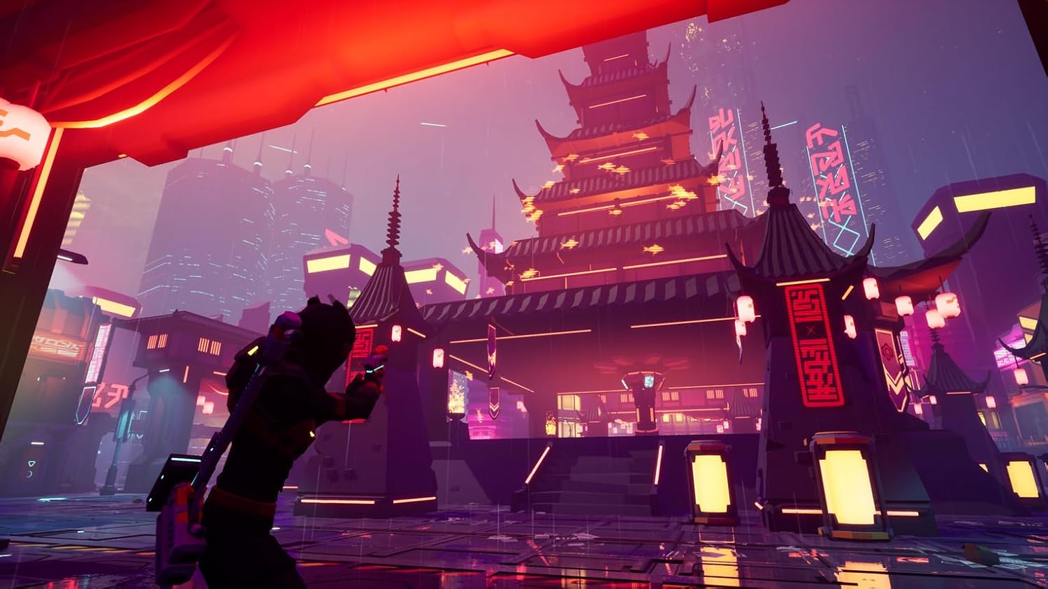 Cyberpunk city scene with neon lights and futuristic architecture at night.