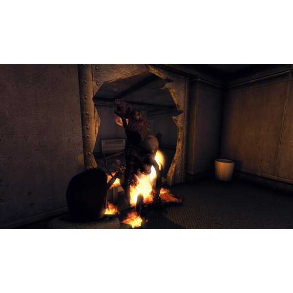 Post-apocalyptic gaming scene featuring a character amidst fire and destruction in a dark, industria.