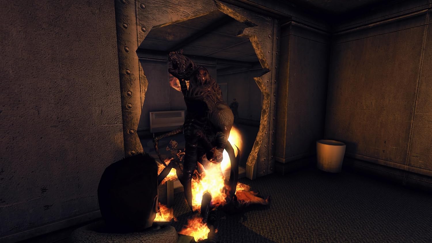 Post-apocalyptic gaming scene featuring a character amidst fire and destruction in a dark, industria.
